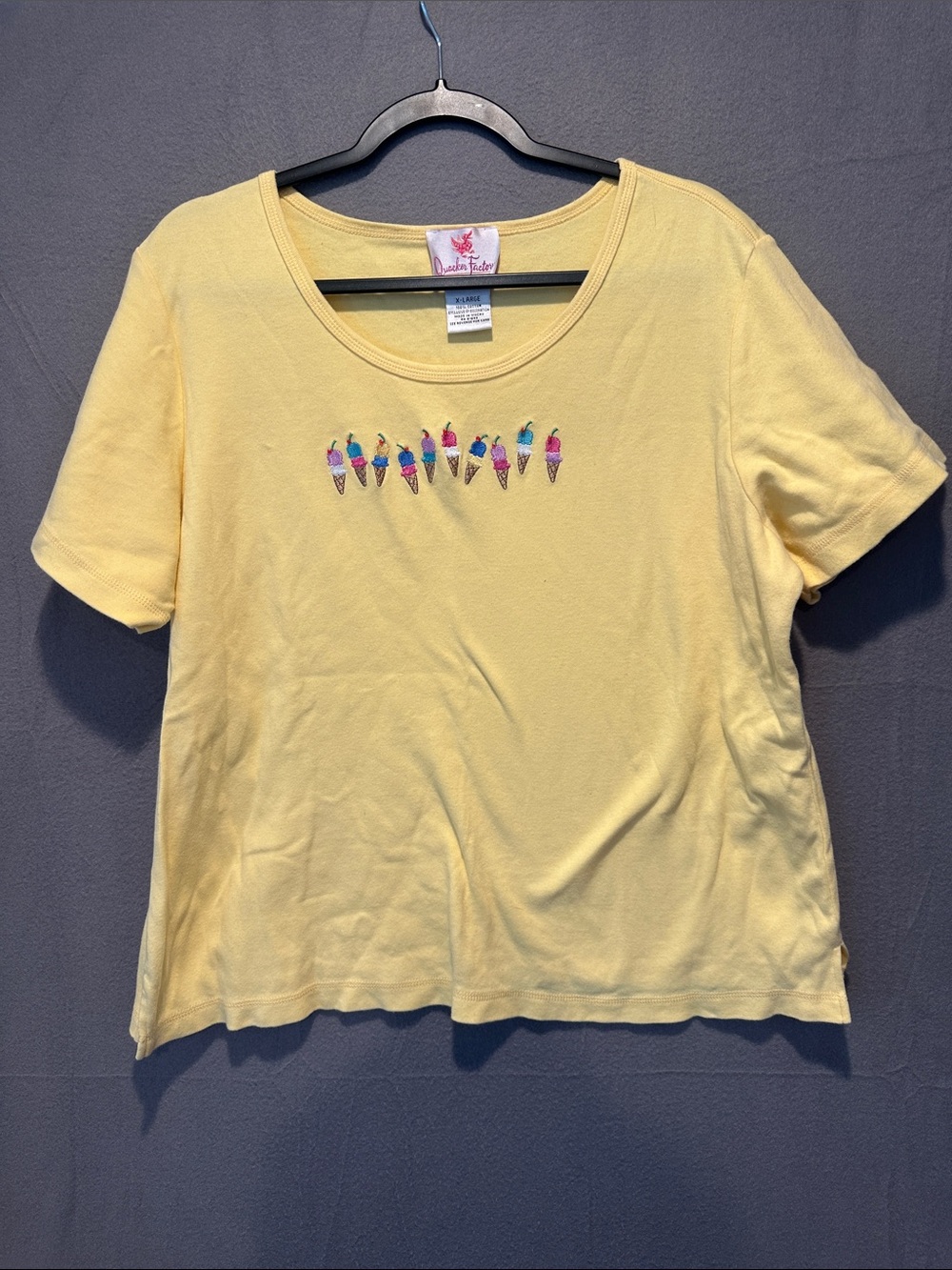 Quacker Factory Pale Yellow Tee with Colorful Ice Cream Embroidery